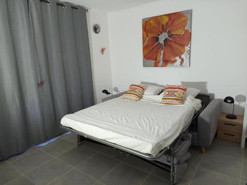 a hospital bed in a room with a curtain at Fully equipped studio in Saint-Germain-de-Joux