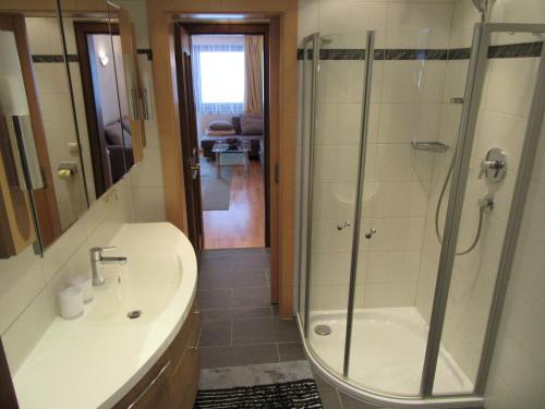 La salle de bains est pourvue d'une douche et d'un lavabo. dans l'établissement Jagerhof, à Walchsee