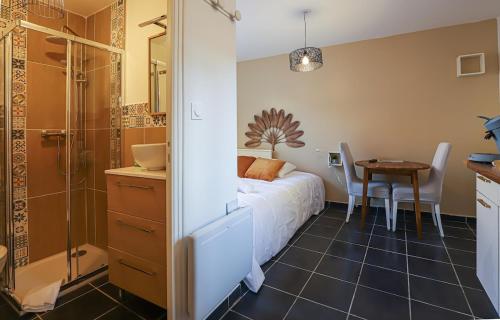 - une chambre avec un lit, une douche et une table dans l'établissement Studio Pouvillon proche Zenith - Centre Toulousain, à Toulouse