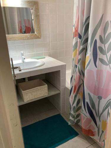 une salle de bain avec un lavabo et un rideau de douche dans l'établissement Mini villa en duplex vue mer à 500 m de la plage de Santa Giulia, à Porto-Vecchio