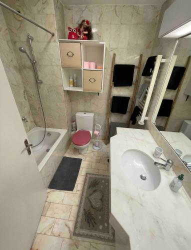 une salle de bain avec un lavabo, une douche et des toilettes dans l'établissement 99 Rue D'Antibes - Spacious & Chic Appartement, à Cannes