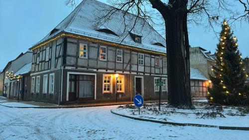 a building with a christmas tree in front of it at Forsthaus Nicolai in Pretzsch