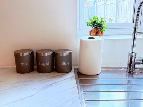 trois poubelles assises sur un comptoir dans une cuisine dans l'établissement Serenity Cosy Haven, à Newcastle upon Tyne