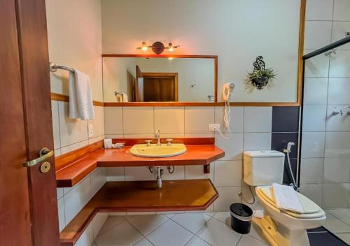 a bathroom with a sink and a toilet and a mirror at Pousada Victoria Villa By Nacional Inn - A 800 metros da Vila Capivari in Campos do Jordão