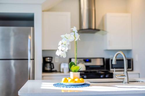 a kitchen counter with a vase with a flower on it at Jennifer's Getaway Stunning Views & Private Deck in Providence