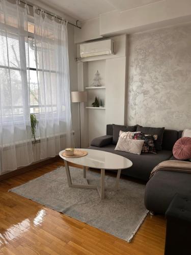 BežanijaにあるApartman Bella Novi Beogradのソファとコーヒーテーブルのあるリビングルーム