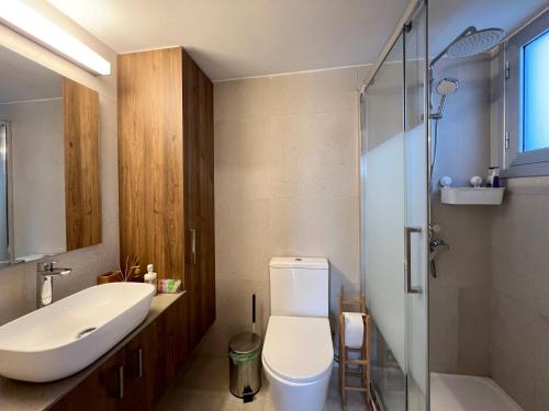 Un baño con inodoro, lavabo y ducha. en River View Apartment in center Nicosia, en Nicosia
