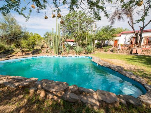 a swimming pool in a yard with a stone wall at Halala Africa Lodge - Eagle Rock Lodge in Malabar