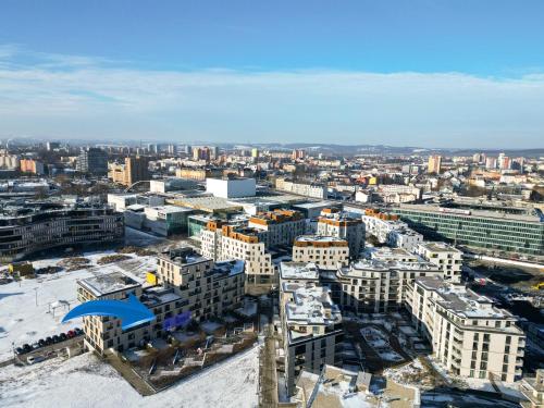 an aerial view of a city with buildings at BNB New Beautiful Apartment in the Center of Ostrava with option Garage Parking in Moravská Ostrava