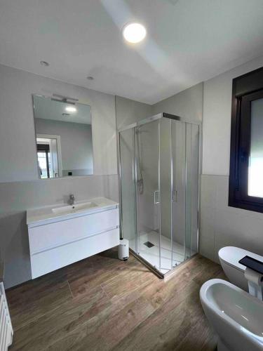 a bathroom with a shower and a sink at Rincón do Seves in Tomiño