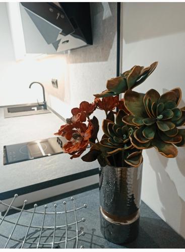 a vase with a plant sitting on a kitchen counter at Sodi Cozy apartment in Kardítsa