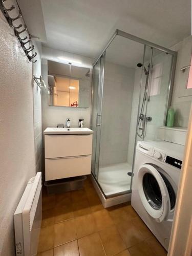 une salle de bain avec douche et machine à laver dans l'établissement Résidence Rouveau - Jolie petite maison au calme avec vue sur le jardin du domaine de la Coudoulière MAE-8691, à Six-Fours-les-Plages