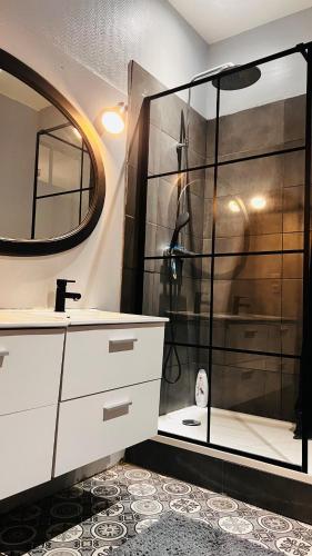 une salle de bain avec une douche, un lavabo et un miroir dans l'établissement Le cèdre rouge, à Poitiers