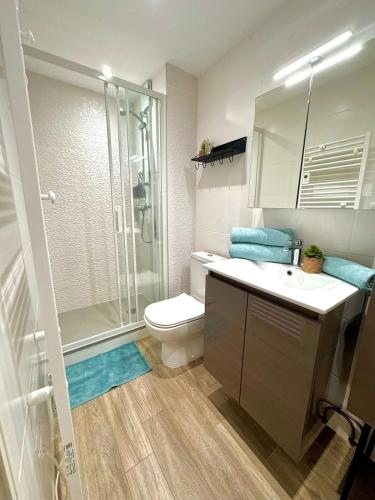 une salle de bain avec une douche, des toilettes et un lavabo dans l'établissement Le Grand Bleu-Parking privé-Climatisation-Proche ponant, à La Grande Motte