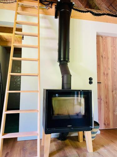 a fireplace in a tiny house with a ladder at Refugium im Wald in Neuruppin