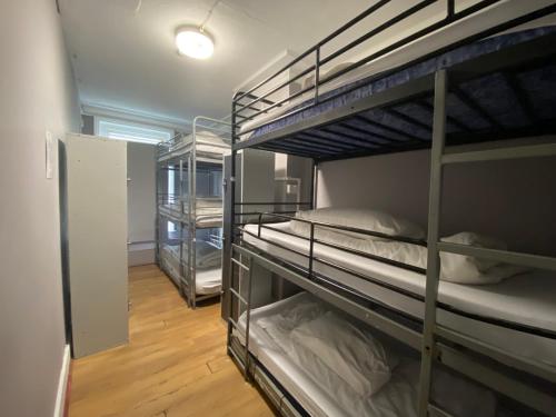 a room with three bunk beds and a hallway at Queen Elizabeth Hostel in London