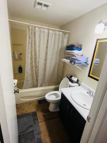 a bathroom with a toilet and a sink and a shower at Basement unit with 2 bedrooms, bath and living area in Lower Sackville