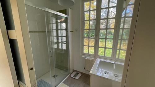 Un baño con ducha, lavabo y espejo. en Gite Noisy, en Noisy-sur-École
