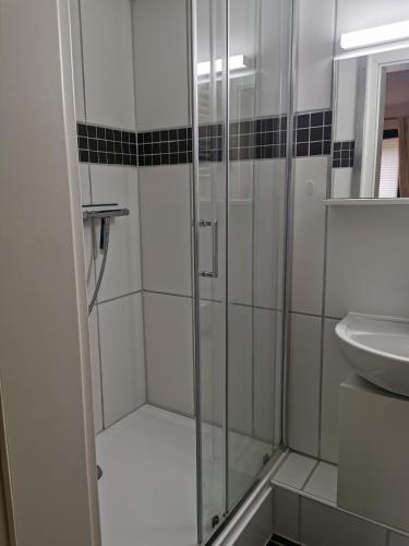 a bathroom with a shower and a sink at Günstige, schöne Ferienwohnung im Wanderparadies in Wernigerode