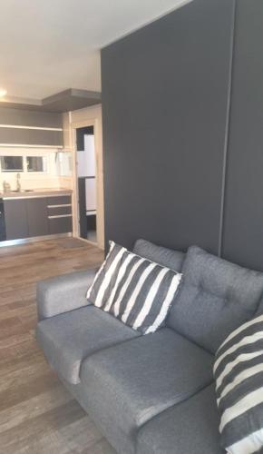 a living room with a gray couch with two pillows at Ale-MardelPlata-Sicilia in Mar del Plata