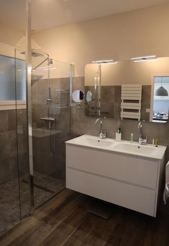 une salle de bain avec un lavabo et une douche dans l'établissement Villa les Fontaines, à Lanton