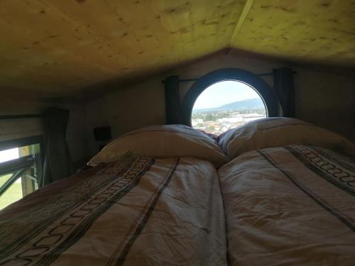 a bed in a room with an open window at Tiny House im Grünen in Sankt Margrethen