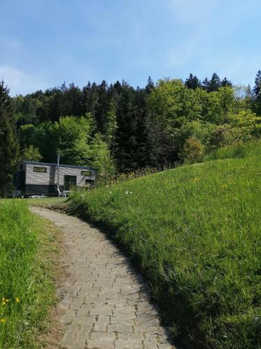 a dirt road next to a field with a trailer at Tiny House im Grünen in Sankt Margrethen