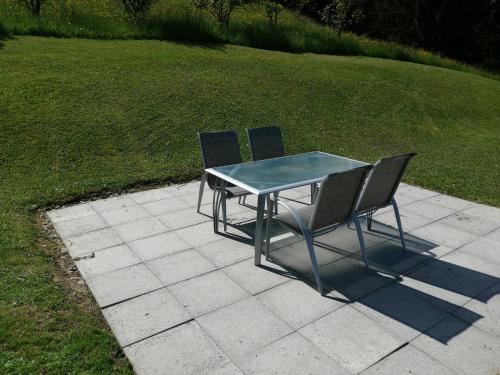 a table and two chairs sitting on a patio at Tiny House im Grünen in Sankt Margrethen