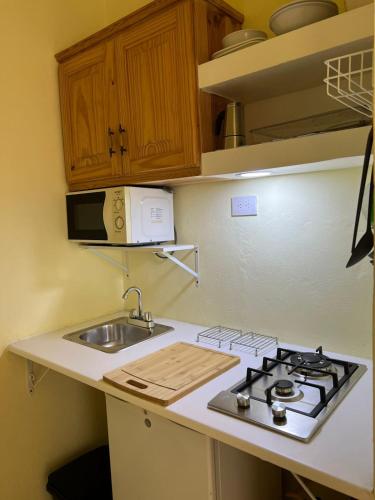 a kitchen with a sink and a stove top oven at Hotel Plaza Europa in Sosúa