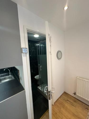 a bathroom with a shower and a glass door at Ensuite double Room near ExCeL London in London