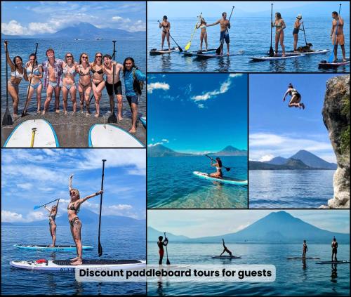 a collage of photos of people in the water at Dreamboat Hostel in Panajachel