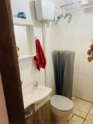 a bathroom with a toilet and a sink and a shower at Casa Completa para Hospedagem in Rosário do Sul