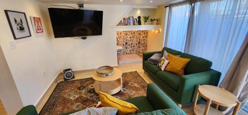 a living room with a green couch and a television at Casa Canes - Beachfront Doggy Living! in Ensenada