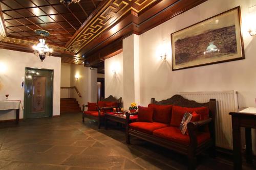 a living room with red furniture and a ceiling at Hotel Petrotechno in Tsepelovo