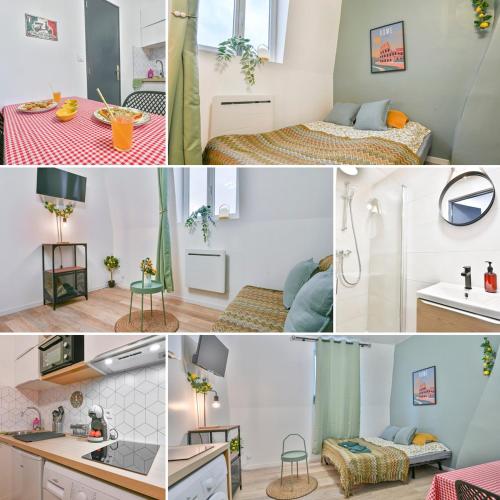 un collage de photos d'un petit appartement dans l'établissement LE LITTLE ITALY - Parking I Netflix I WIFI - Dolce & Cosy, à Anzin
