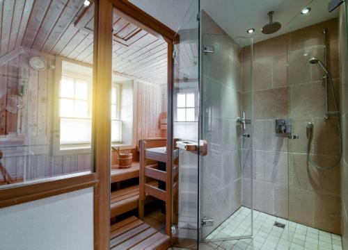 a bathroom with a shower and a walk in shower at LITZKOW 15001 in Morsum