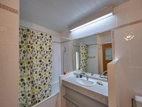 une salle de bain avec un lavabo et un rideau de douche dans l'établissement Cozy Family Getaway Home, à Quillan