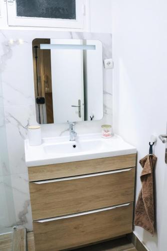 une salle de bain avec un lavabo et un miroir dans l'établissement Modern apartment with balcony and AC walk to tramway near center, à Nice