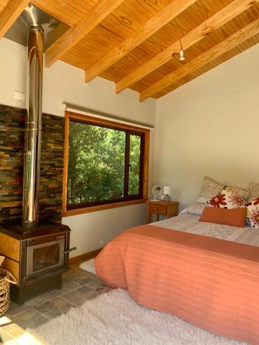 a bedroom with a bed and a window at Chalet con Tinaja LicanRay in Challupen