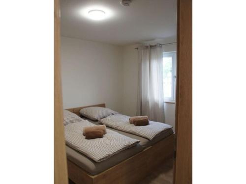 two beds in a room with a window at Esche Comfortable holiday residence in Leutkirch im Allgäu