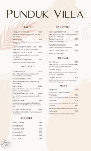 a menu for the pujol villa at Punduk Villa - The Manta in Selat