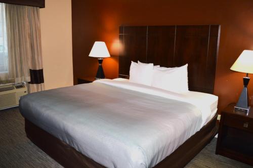 a large bed in a hotel room with two lamps at Quality Inn O'Hare Airport in Schiller Park