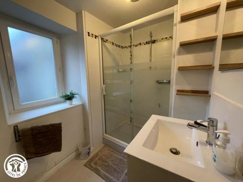 une salle de bain avec un lavabo et une douche dans l'établissement Gîte Zen et Confort au cœur du Sud Vendée, proche Parc Natural du Marais Poitevin - FR-1-426-571, à Saint-Hilaire-des-Loges