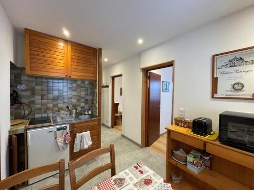 une cuisine avec une cuisinière et un comptoir dans l'établissement Appartement cosy 4 pers, centre Cernix, proche pistes, wifi, parking, animal admis - FR-1-733-164, à Crest-Voland