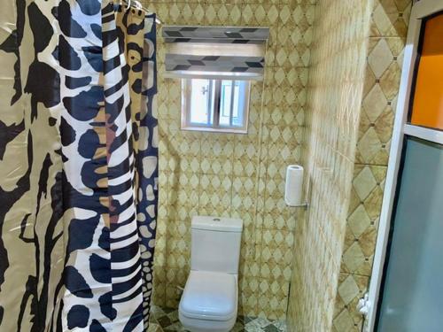 a bathroom with a toilet and a shower curtain at Oxford Villa in Nnewi