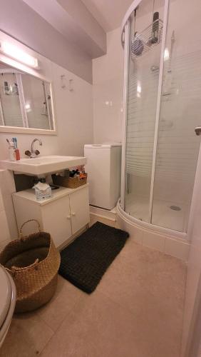une salle de bain avec une douche, un lavabo et des toilettes dans l'établissement Appartement 5 couchages à Calvi, à Calvi