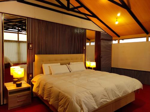 a bedroom with a large bed and two lamps at Titicaca Vista Atardecer in Puno