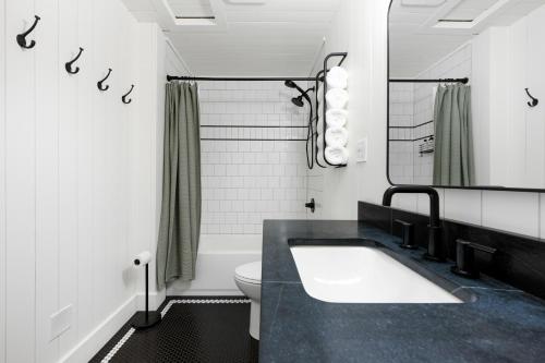 a bathroom with a sink and a toilet and a mirror at Harbor Views 1 - Walkable in the Heart of Auke Bay in Mendenhaven