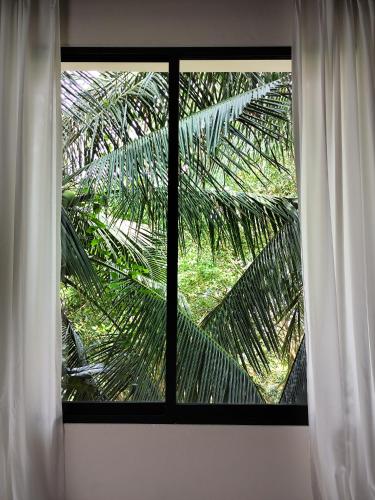 a window with a view of a palm tree at Luxury 3 BDR Jungle Villa - Infinity Pool & Seaview in Amphoe Koh Samui