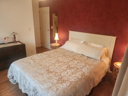 a bedroom with a large bed and a red wall at Peppertree in Tauranga